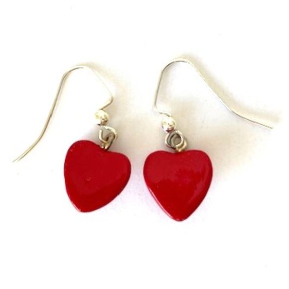 Red Heart Dangle Earrings with Silver Plated Hypoallergenic Ear Wire - Picture 2 of 4